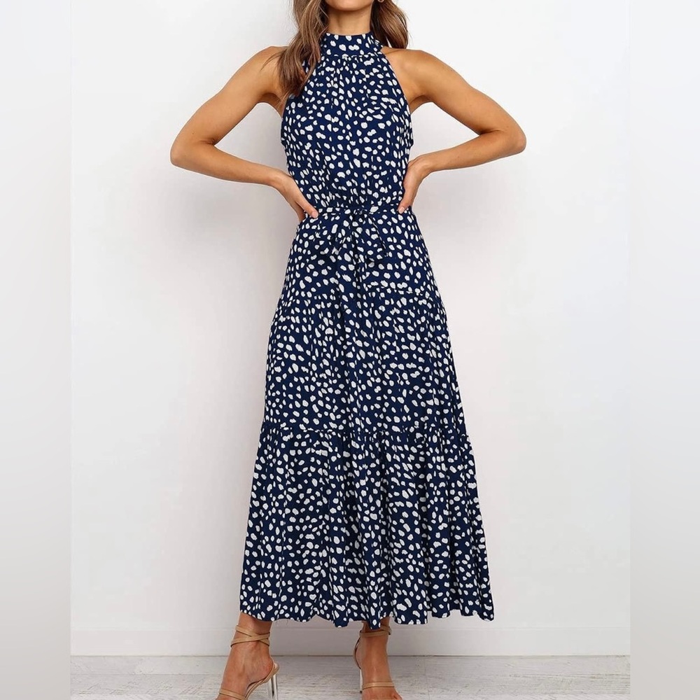 Navy Dotted Halter Maxi Dress - Picture 2 of 6